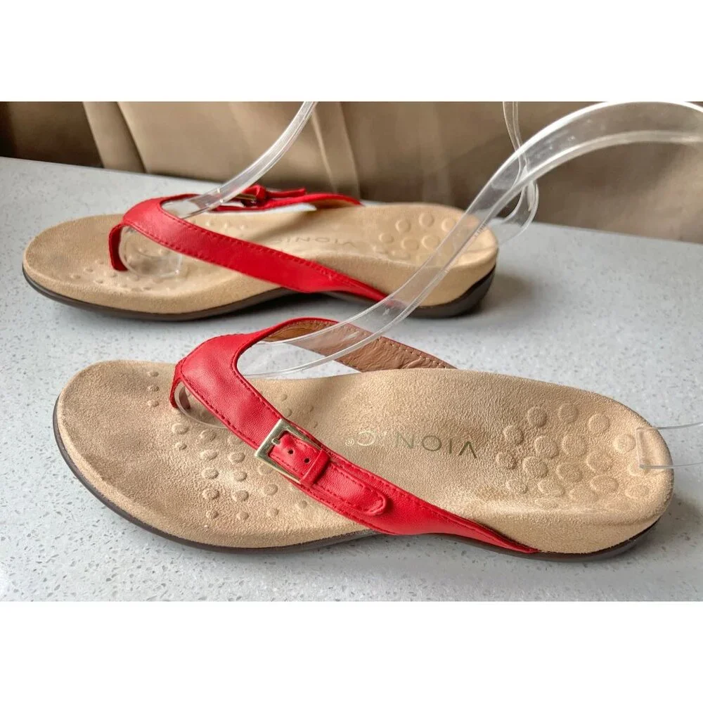 Vionic Womens Thongs Flip Flops Size 6 Red LeatherArch Support Buckle Strap - Picture 2 of 10